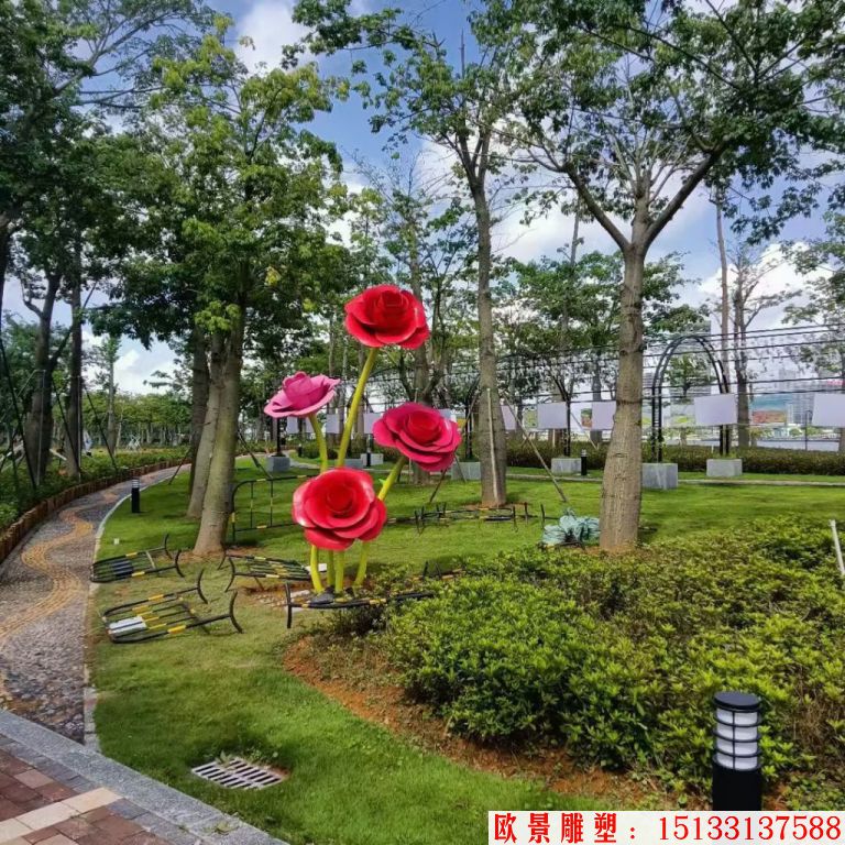不锈钢仿真玫瑰花雕塑,公园花朵雕塑