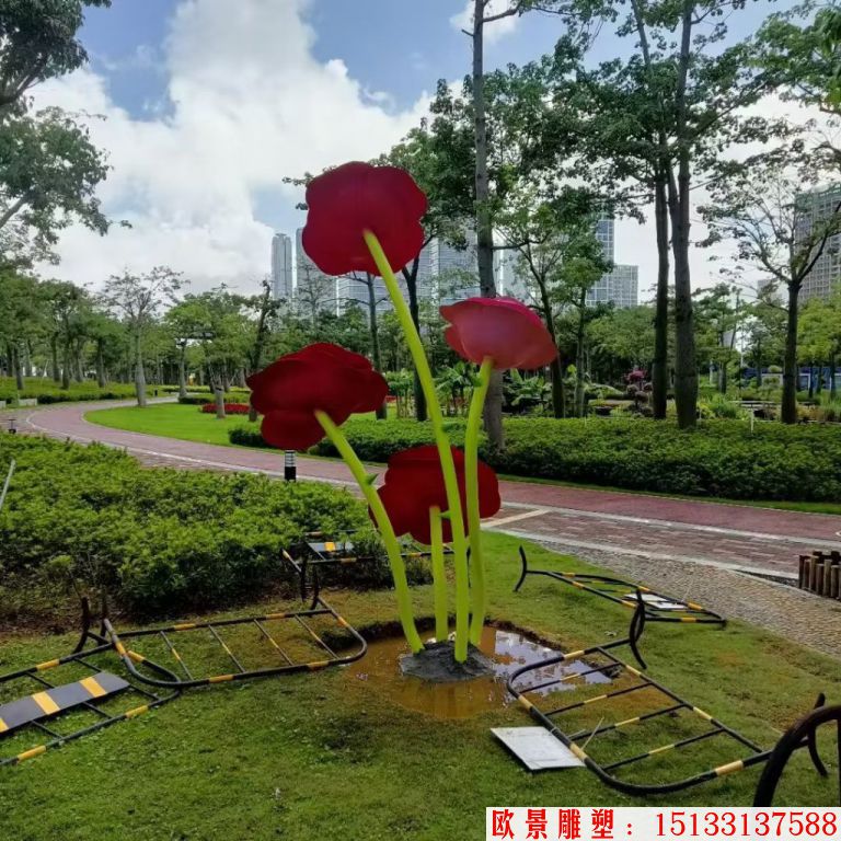 不锈钢仿真玫瑰花雕塑,公园花朵雕塑3