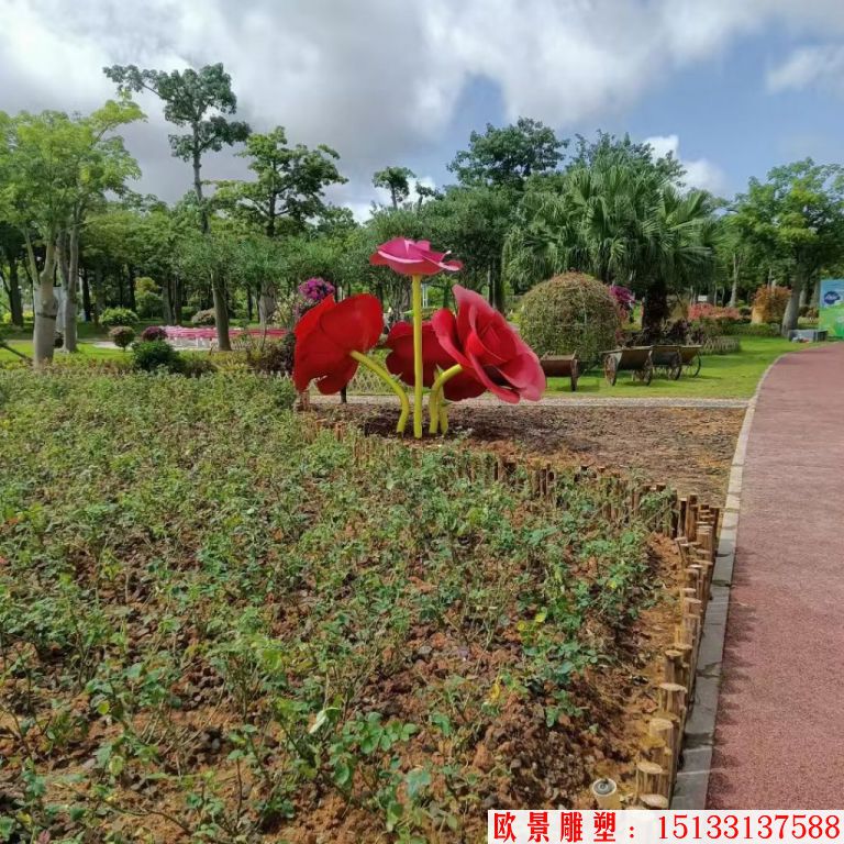 不锈钢仿真玫瑰花雕塑，公园花朵雕塑4