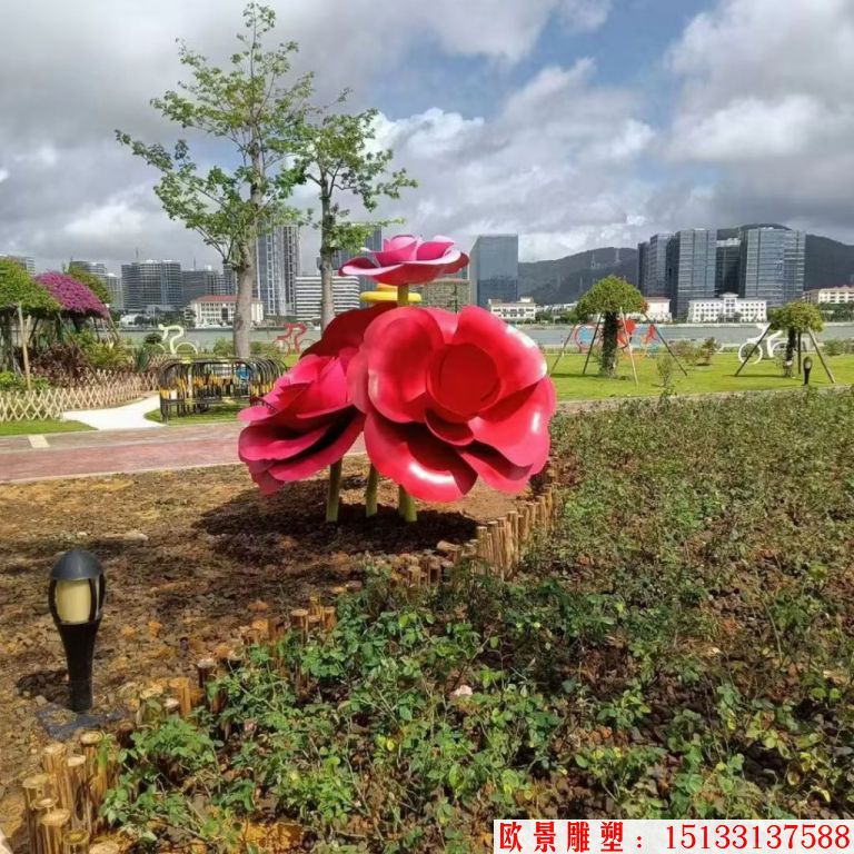 不锈钢仿真玫瑰花雕塑,公园花朵雕塑5