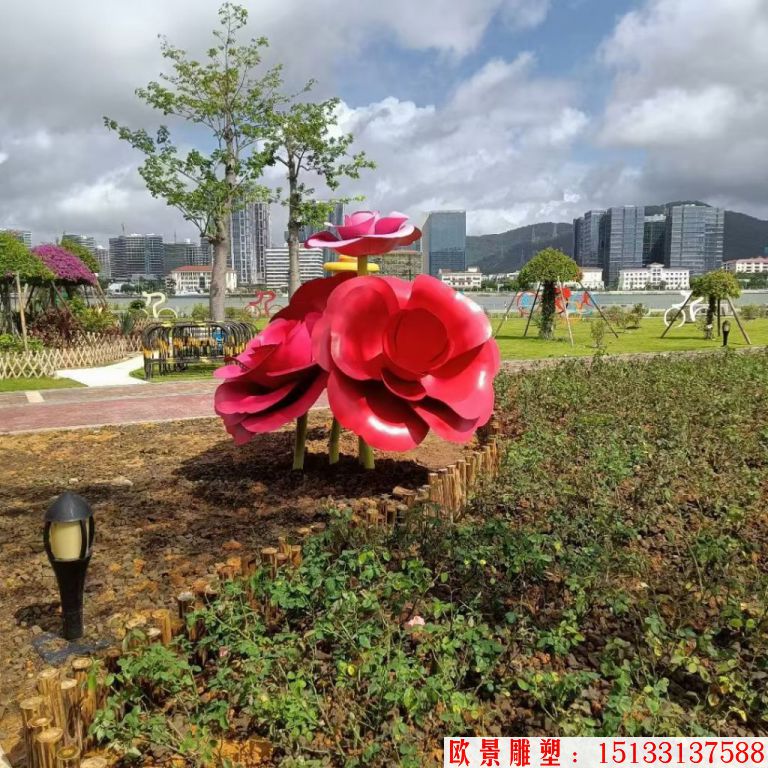 不锈钢仿真玫瑰花雕塑,公园花朵雕塑7